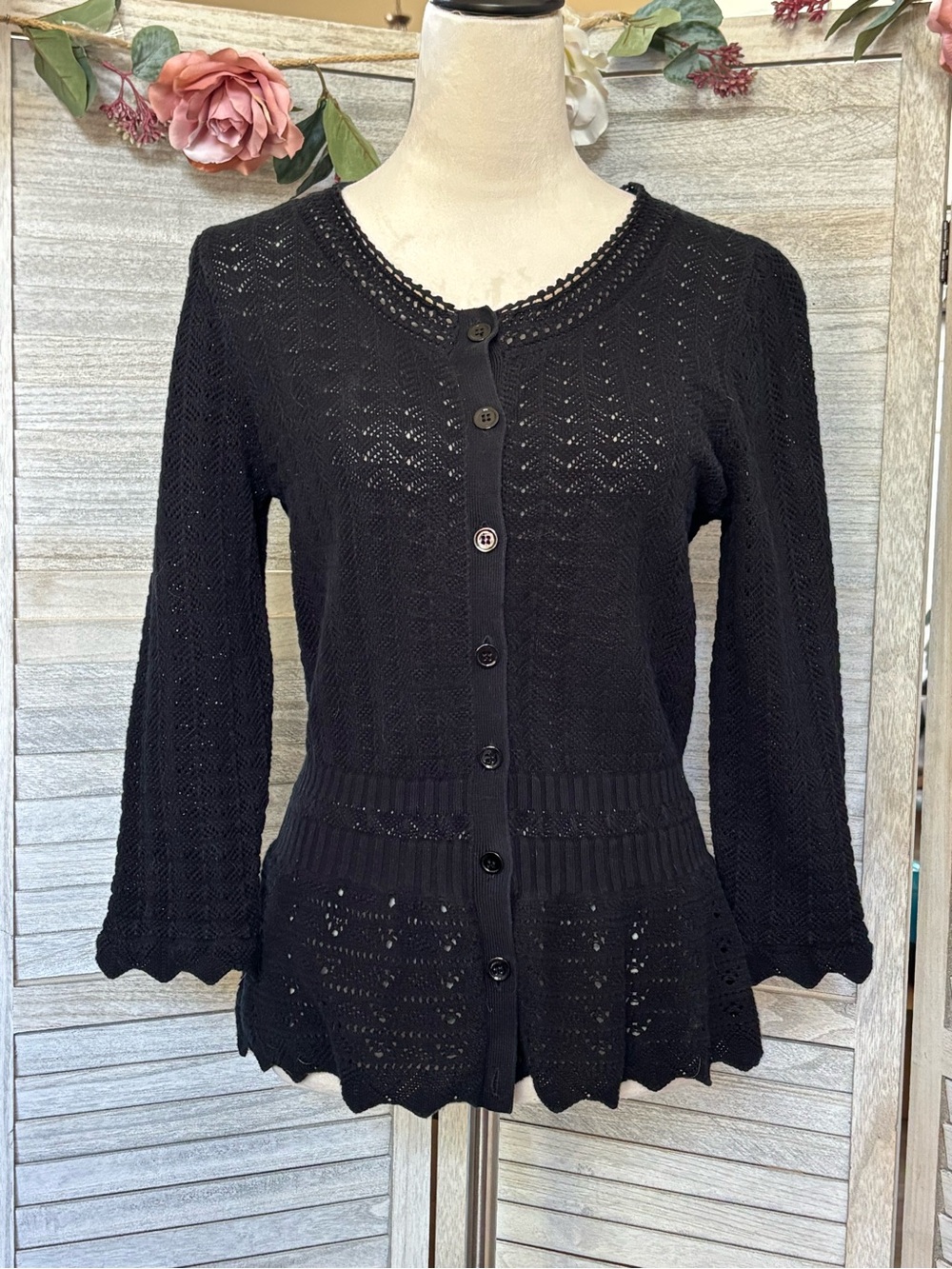 Y2K Vintage EXPRESS Black Crochet Knit Cardigan w/ Crochet Peplum, Women’s SZ LG